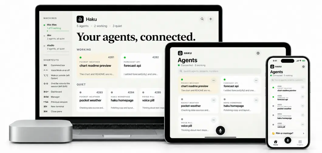 Haku on a MacBook Pro, an iPad and an iPhone, with a Mac mini beside them, each showing its agents